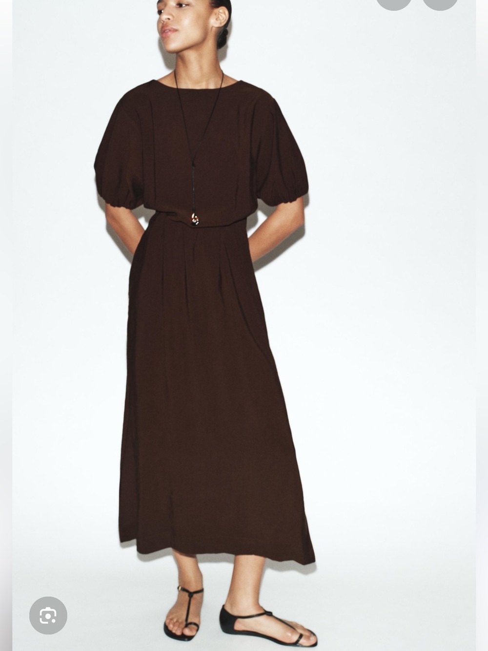 Zara Brown Midi Dress with Balloon Sleeves